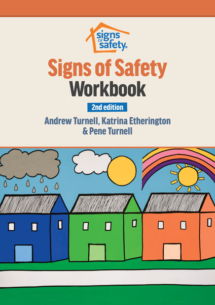 Cover of Signs of Safety Workbook showing 3 houses in the rain, the clouds, and a rainbow